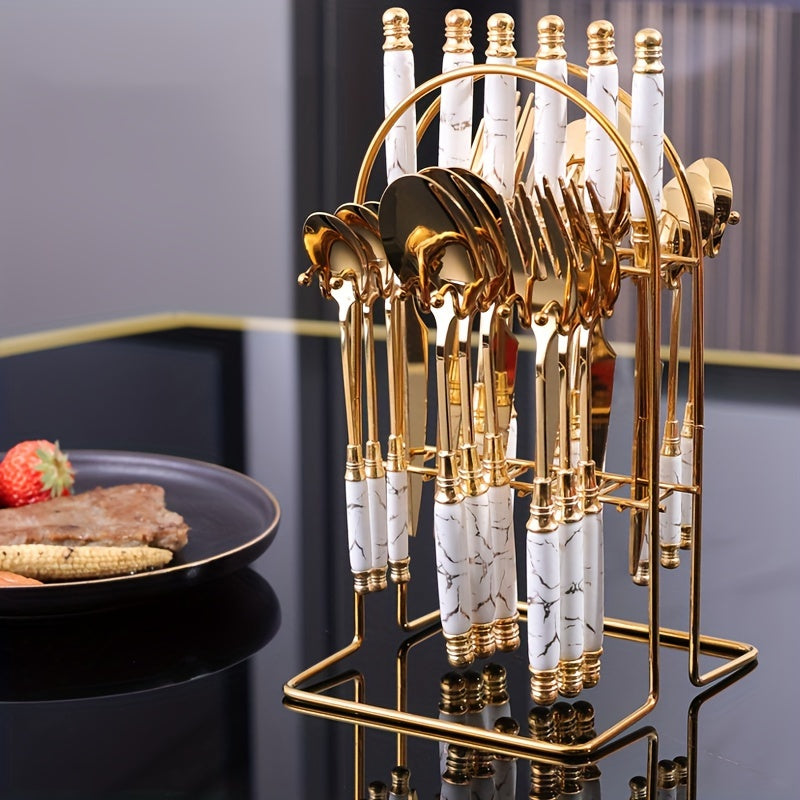 24-Piece Stainless Steel Tableware Set with Ceramic Handles for Hotel and Restaurant Dining