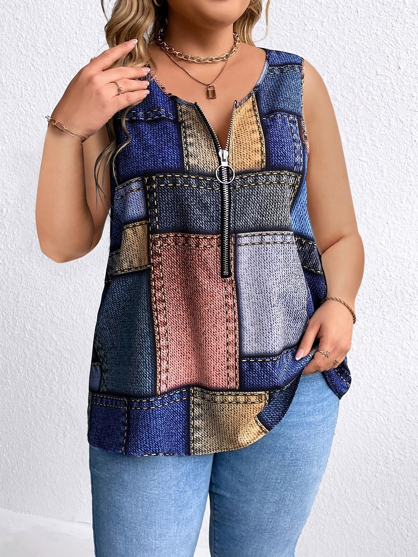 Plus Size Sleeveless Tank Top with Patchwork Print and Zipper Closure