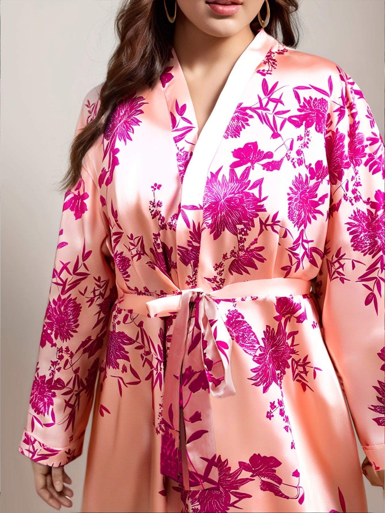Women Plus Size Satin Floral Print Long Sleeve Robe Casual Sleepwear