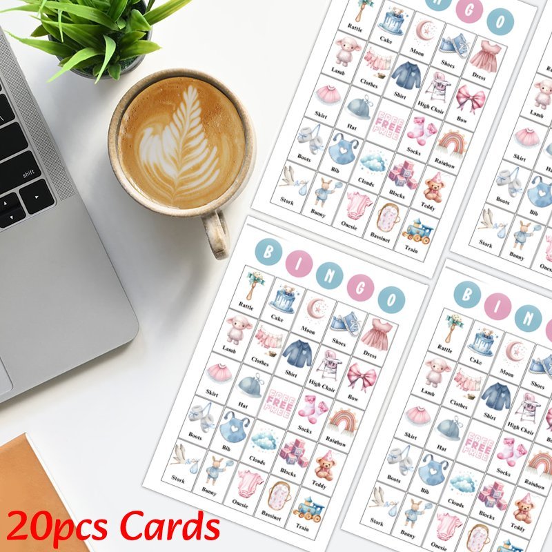 Set of 20 Baby Shower Bingo Cards for Gender Reveal Party Game Blue Pink Designs