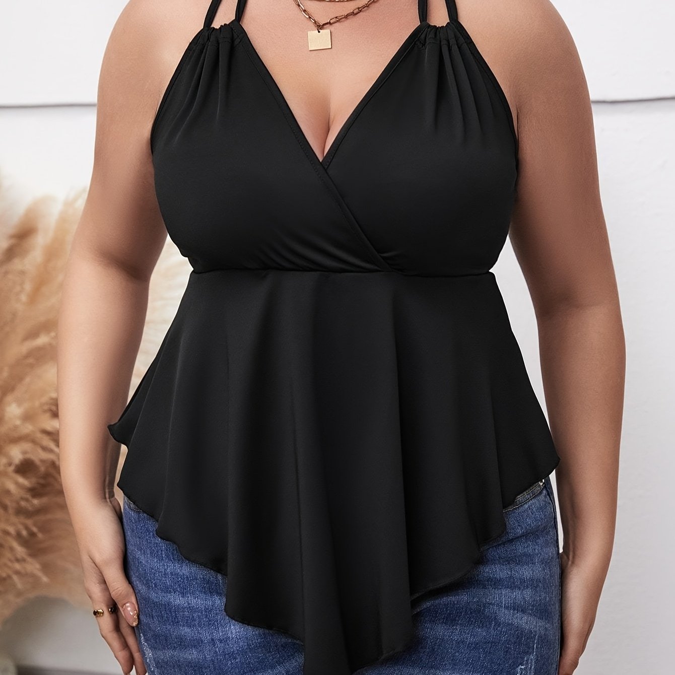 Топ без рукавов для женщин больших размеров на лето с завязками и сборчатым лифом