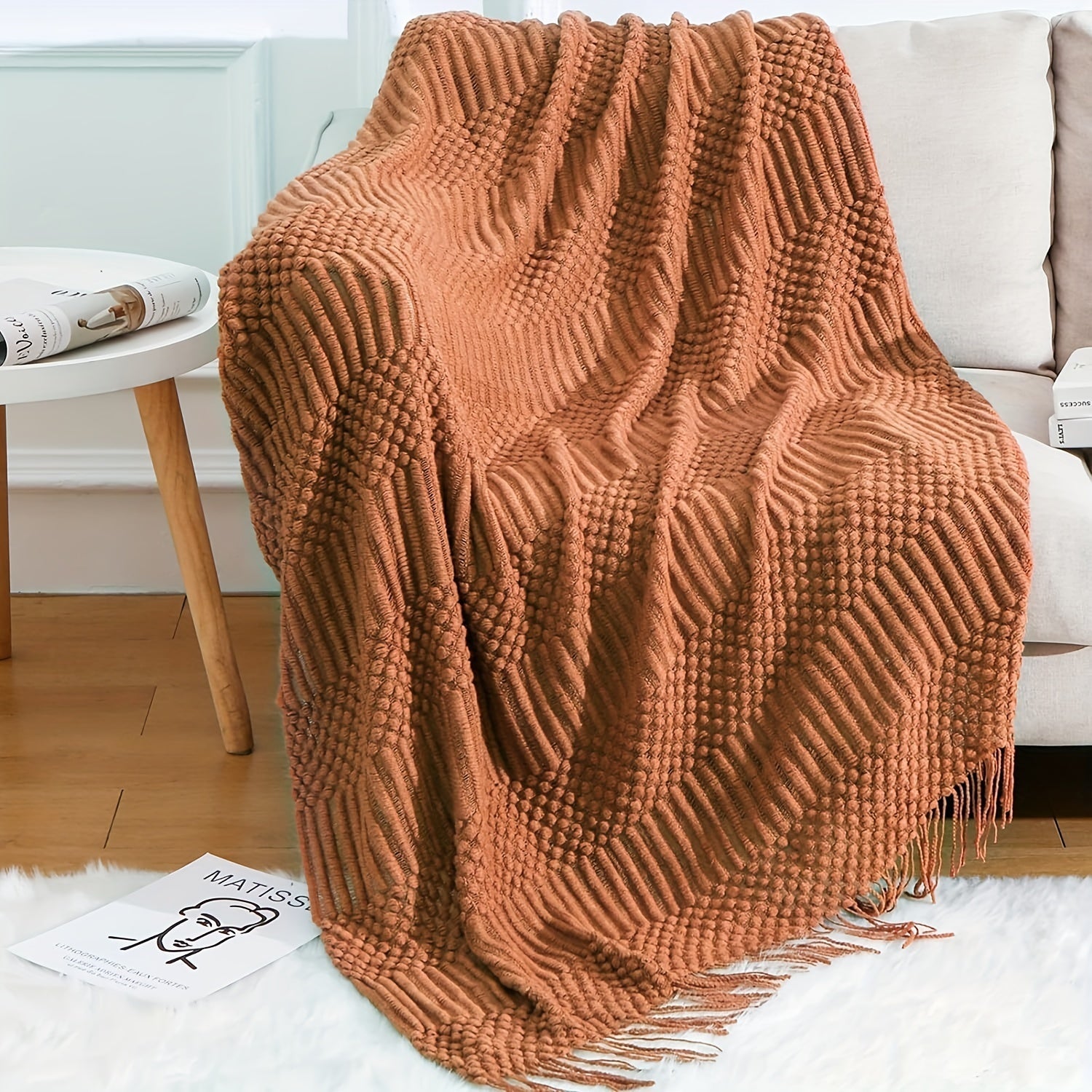Soft Textured Throw Blanket Stain-Resistant Versatile Couch Bed Travel Green Tan 127x152cm