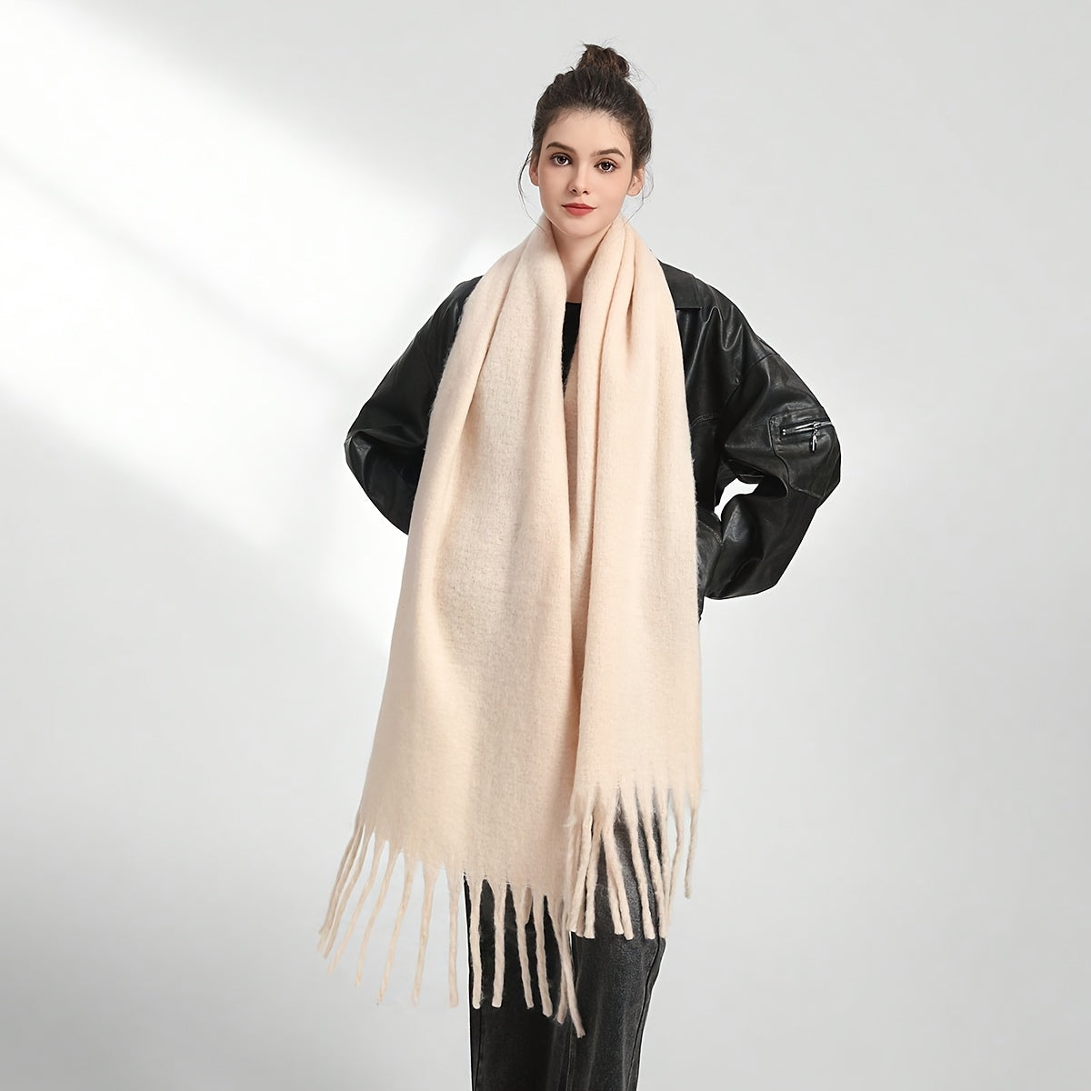 Women's Autumn Winter Solid Color Fringe Scarf Soft Windproof Large Shawl