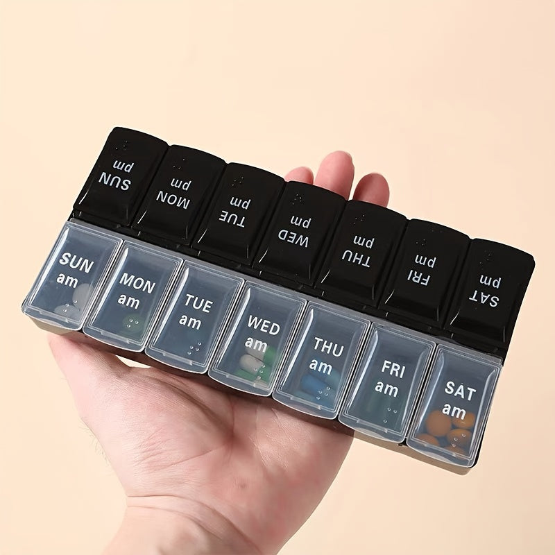 14 bo'limli haftalik dori tashkilotchisi portativ bo'linadigan quti ertalab va tushdan keyin bo'limlari bilan