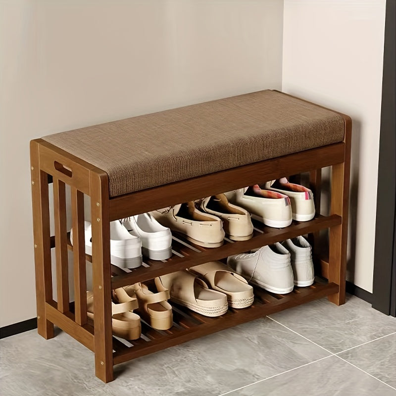 Brown Bamboo Shoe Changing Stool with Dustproof Door Entryway Organizer