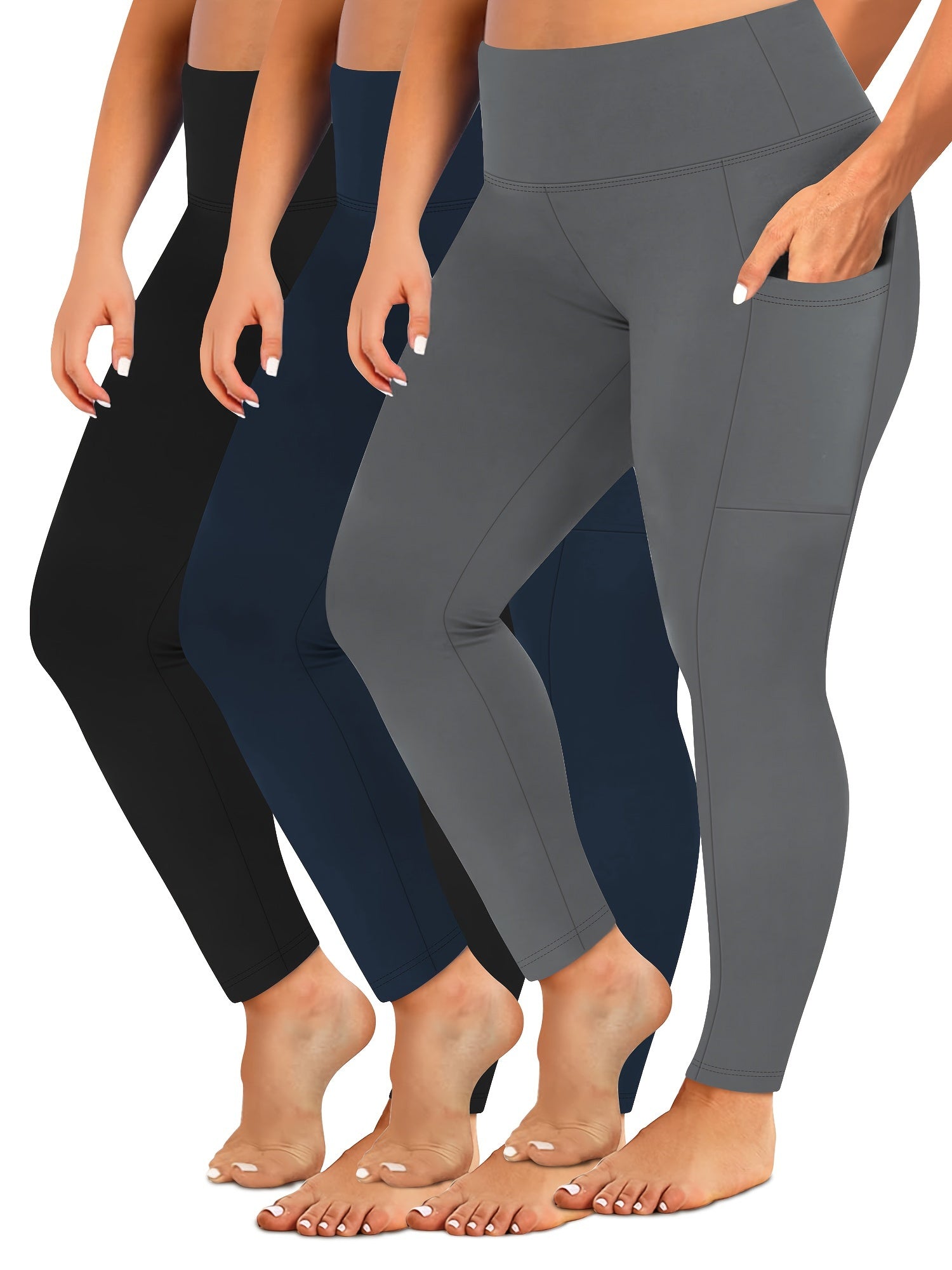 Women's High-Waisted 7/8 Leggings Pack Yoga Pants with Pockets Black Gray Navy