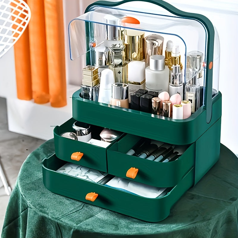 Cosmetic Storage Organizer with Drawer Transparent Lid and Handle for Skincare Makeup Accessories