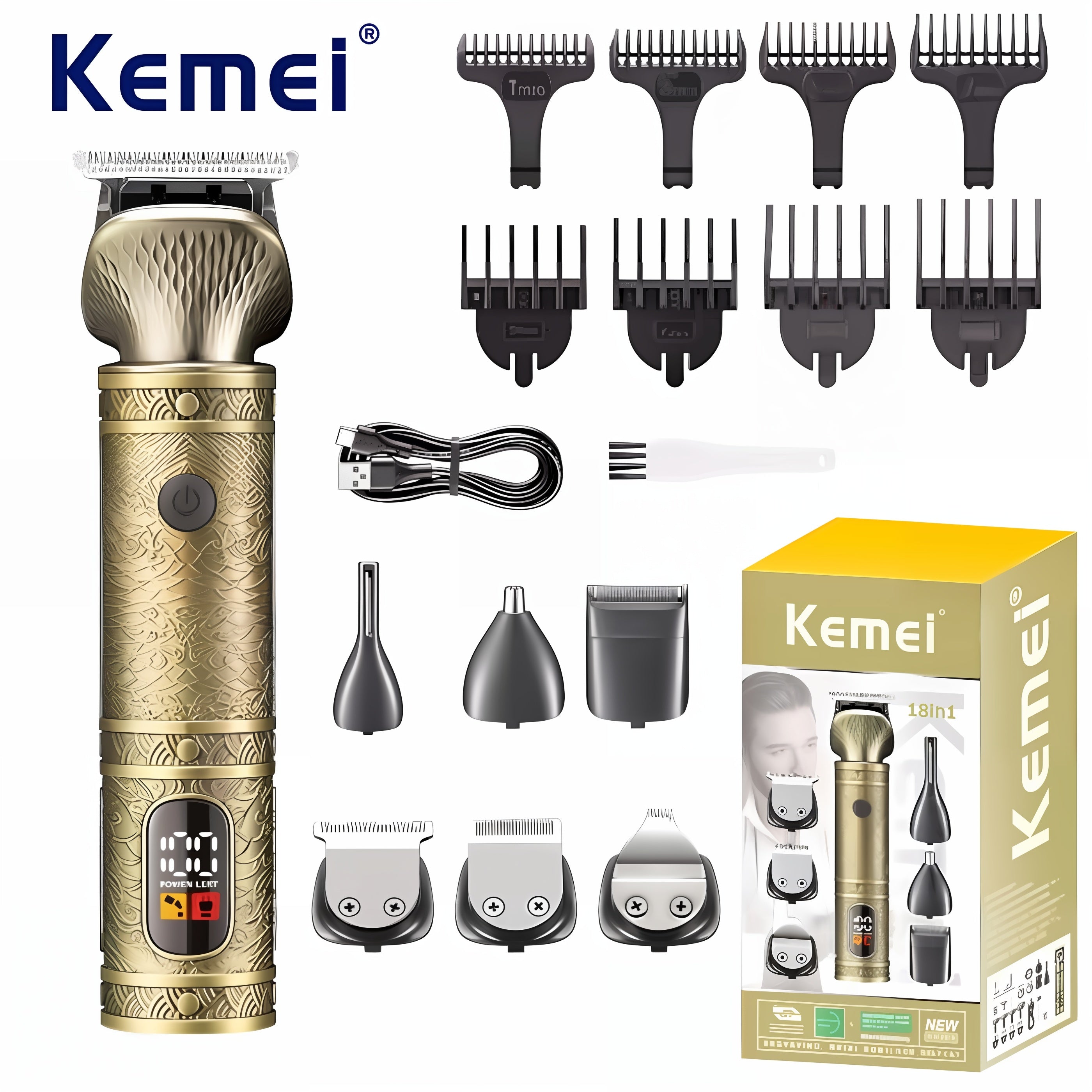 Электрический набор для стрижки волос 18-в-1 с USB-зарядкой, ЖК-дисплей для ухода за телом, носом, ушами и бородой