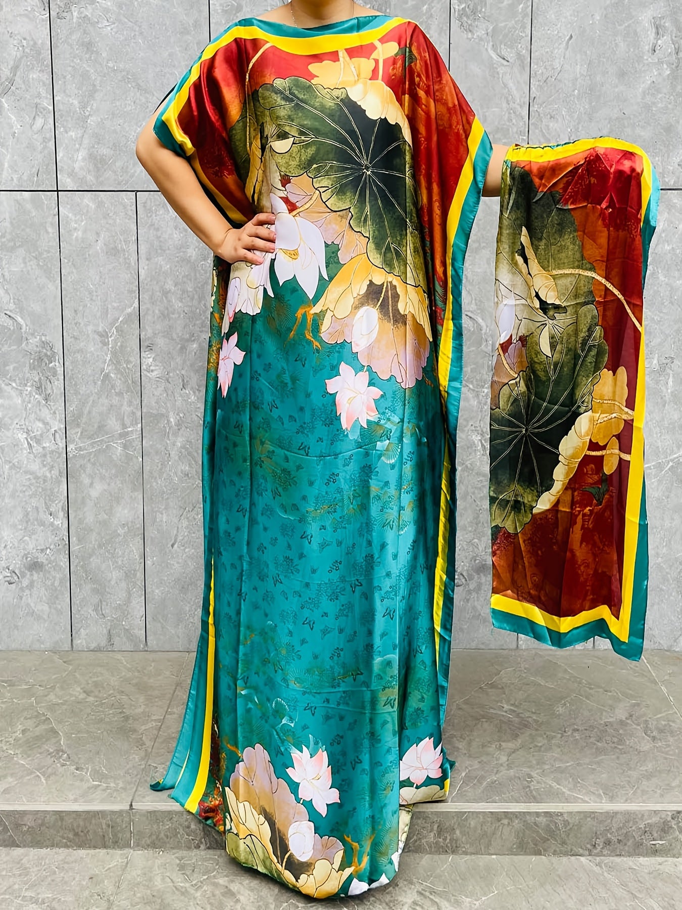 Women Plus Size Floral Pattern Longline Dress Short Sleeve Crew Neck Summer