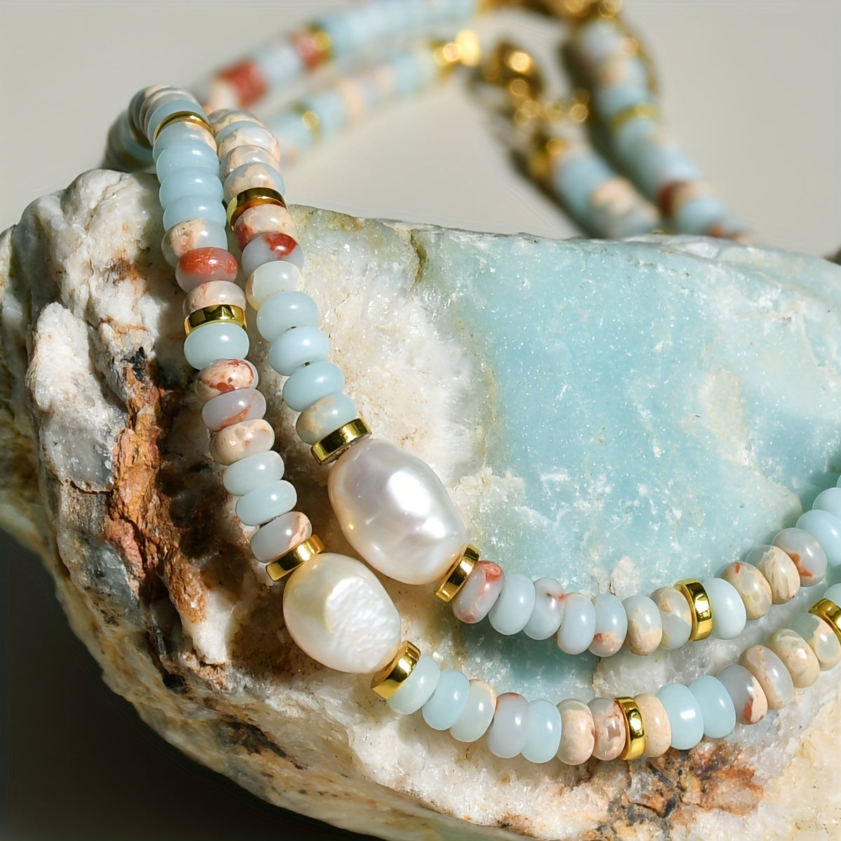 Colorful Natural Stone Beaded Necklace with Freshwater Pearl Boho Chain