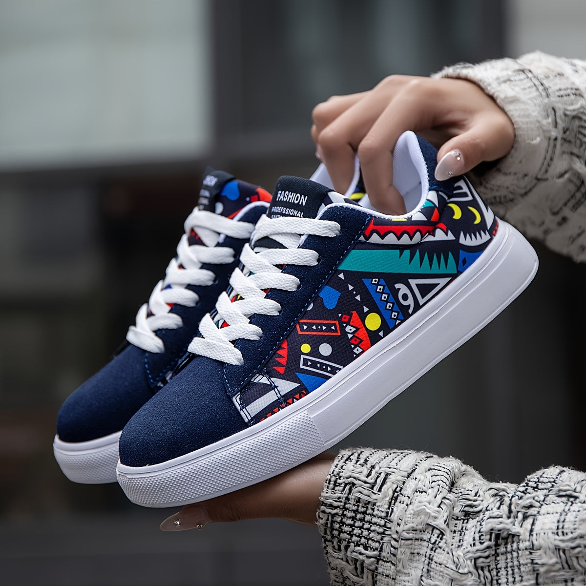 Unisex Geometric Pattern Casual Sneakers Lightweight Fabric Low Top EVA Sole