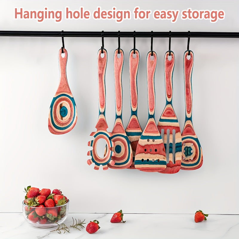 Set of 7 Colorful Wooden Kitchen Utensils Heat-Resistant Spatula Turner Spoon Fork Salad Servers