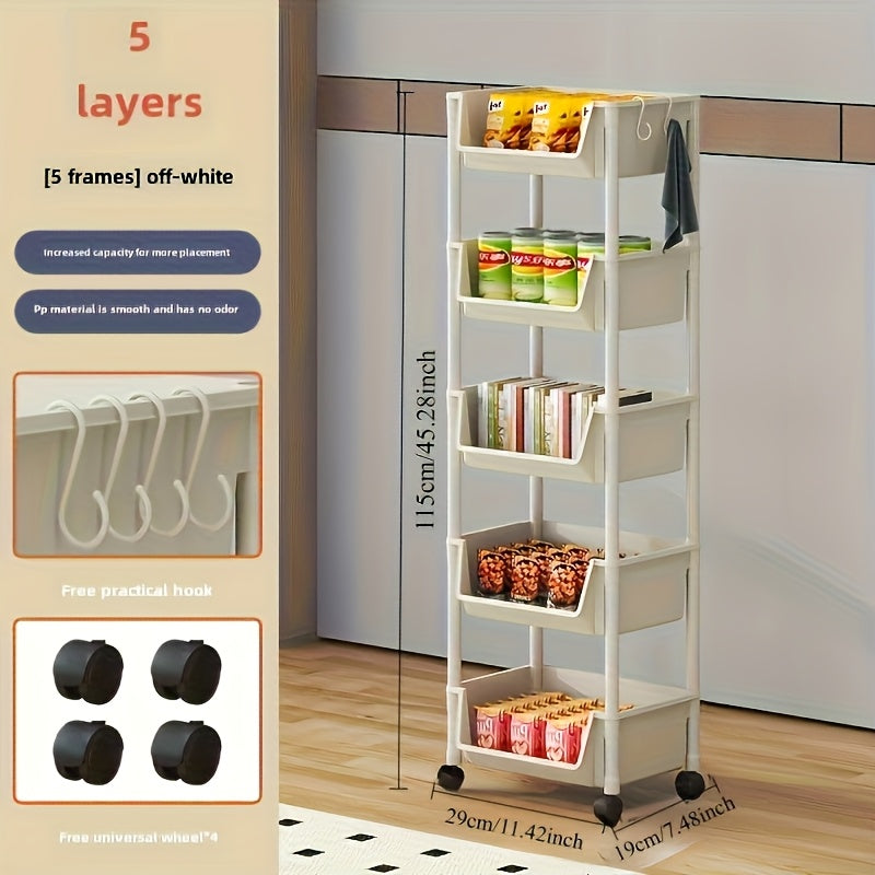 5-Tier Plastic Rolling Storage Cart for Bathroom Kitchen Office Organizer