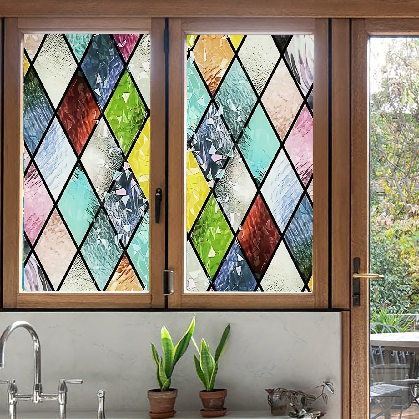 Frosted Privacy Window Film with Crescent & Diamond Pattern, Heat Control, No-Glue, Semi-Transparent, 9mil PVC