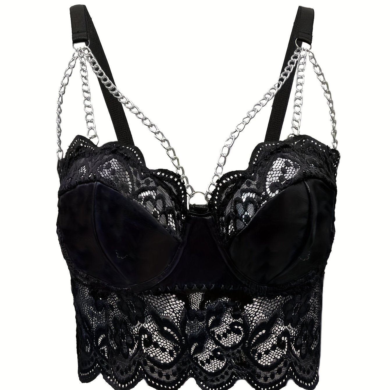 Women Red Floral Lace Chainmail Bra Adjustable Straps Opaque Nylon Polyester