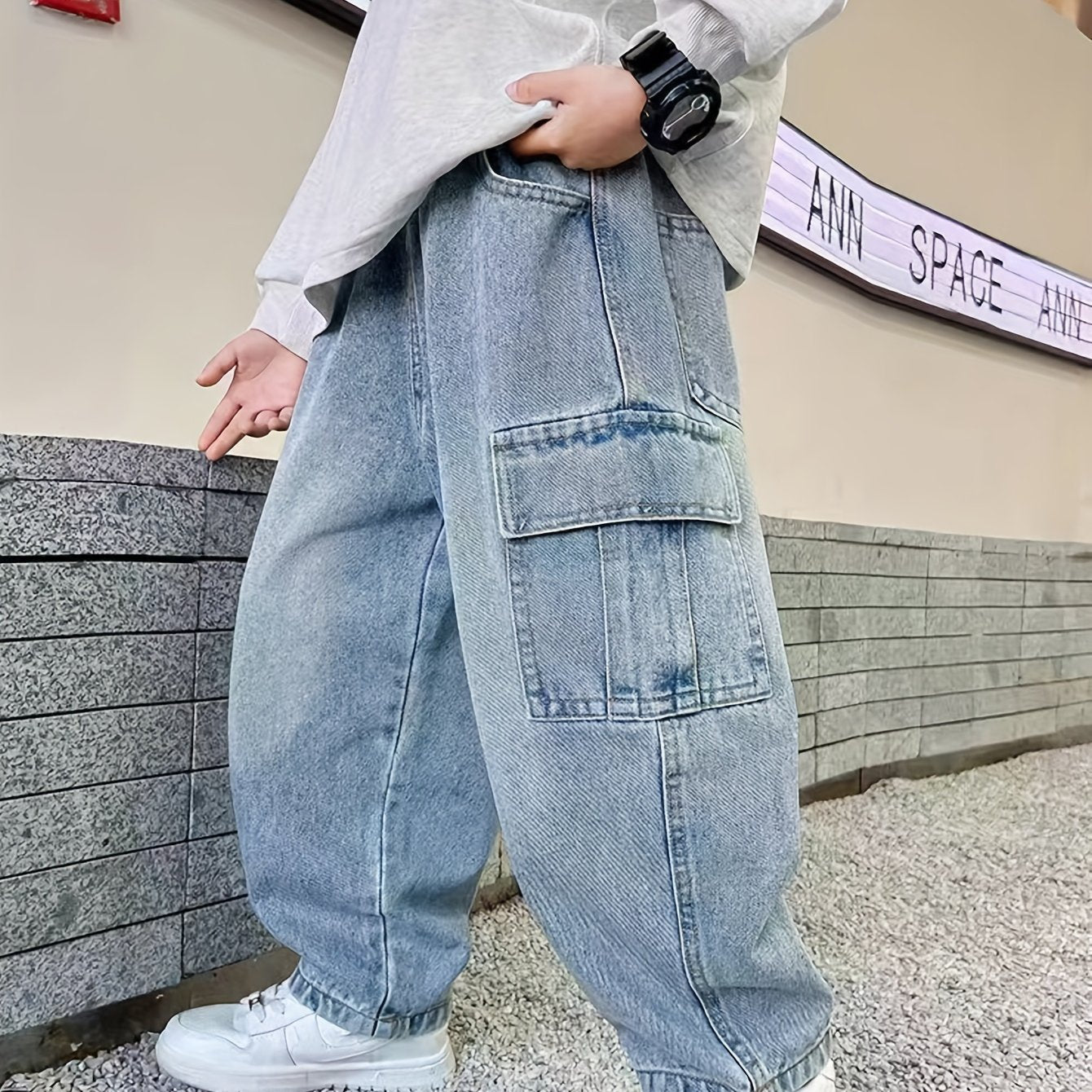 Boys' Denim Cargo Pants with Pockets Elastic Waist Loose Fit Casual Kids' Long Length