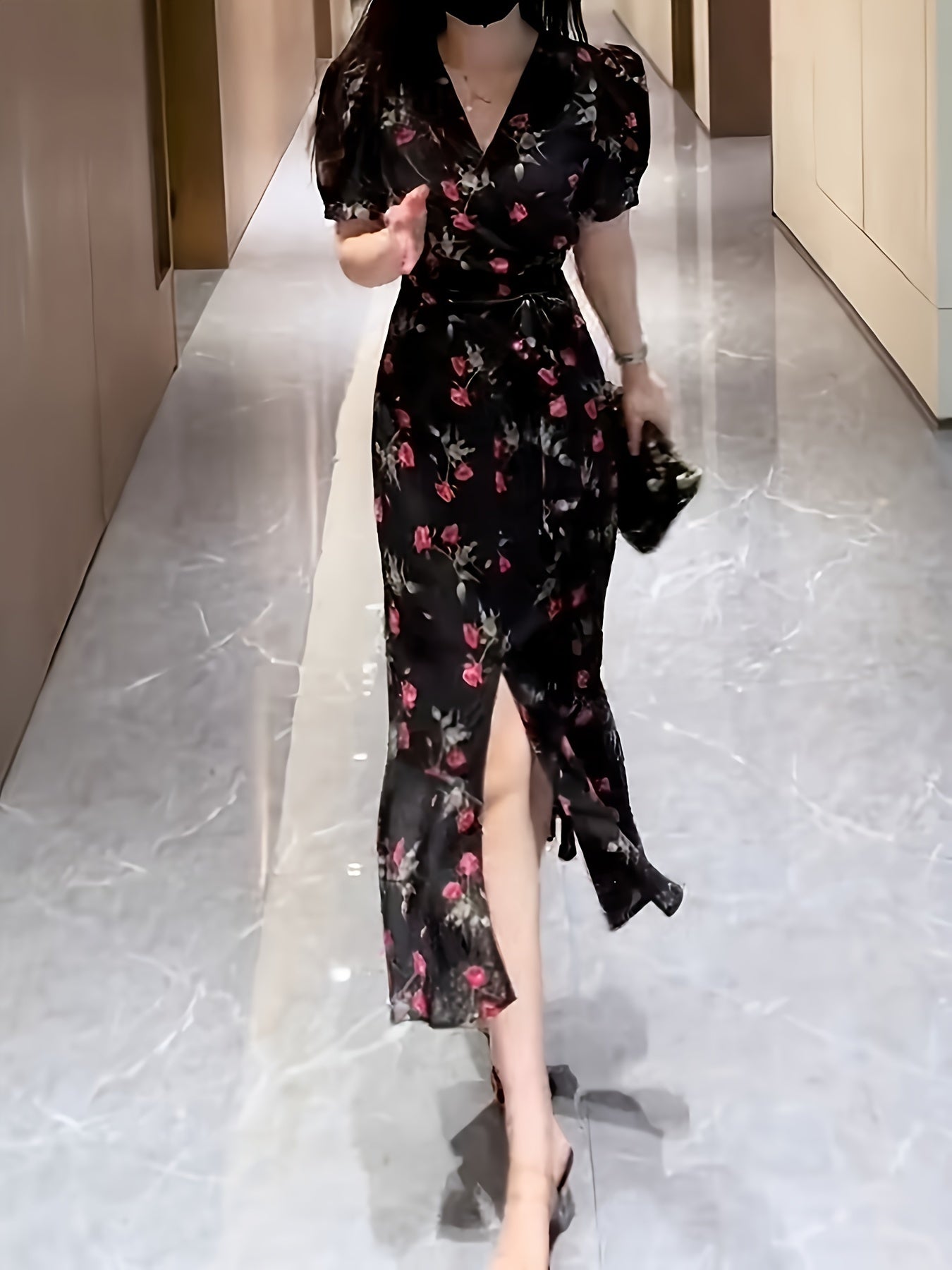 Floral V-Neck Midi Dress with Tie Waist Short Sleeves Mermaid Hem for Summer