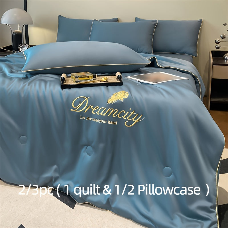 Summer Cooling Quilt Set with Embroidered Microfiber Pillowcases and Quilt