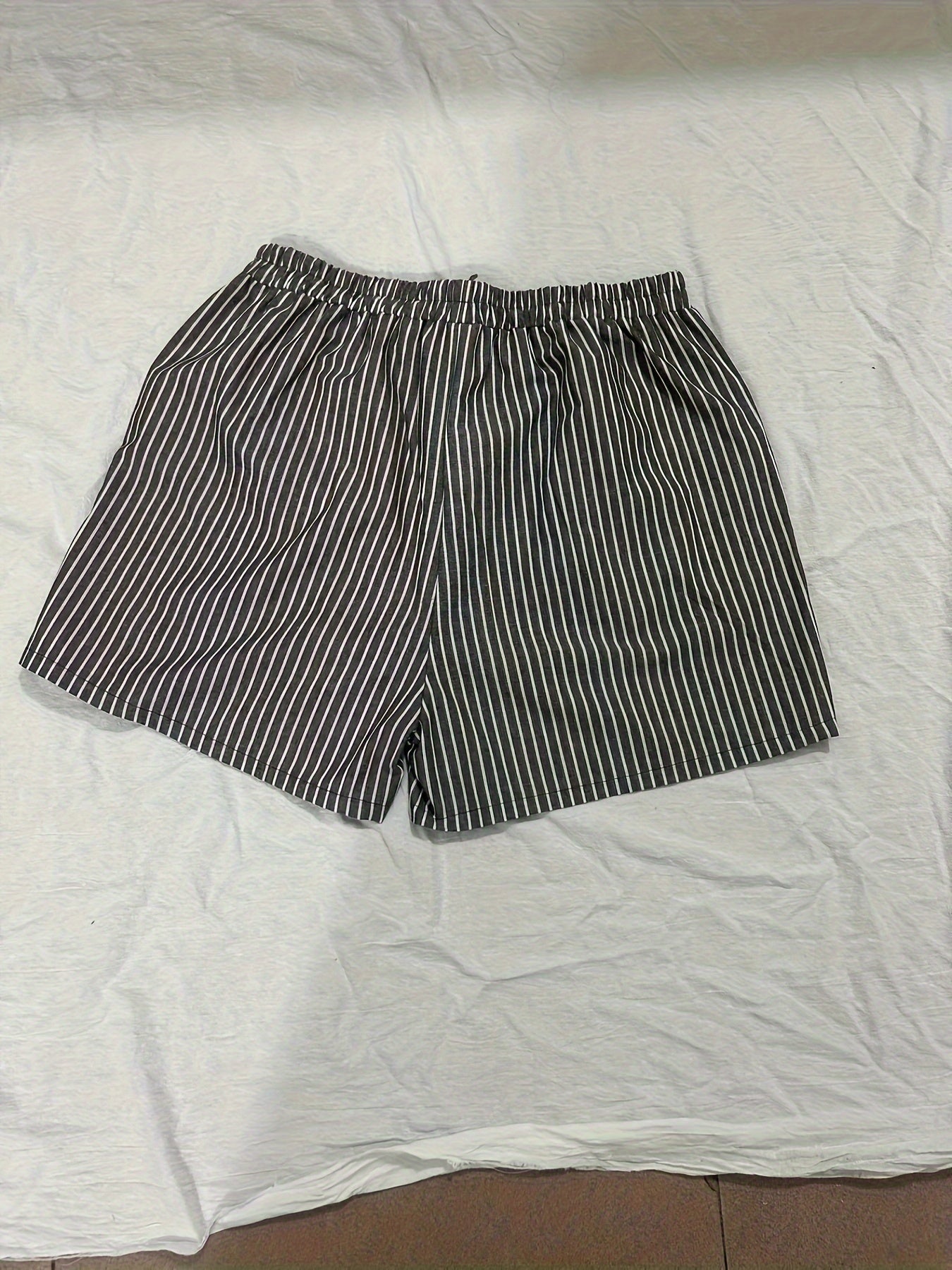 Plus Size Women's Casual Striped Polyester Blend Shorts with Pockets