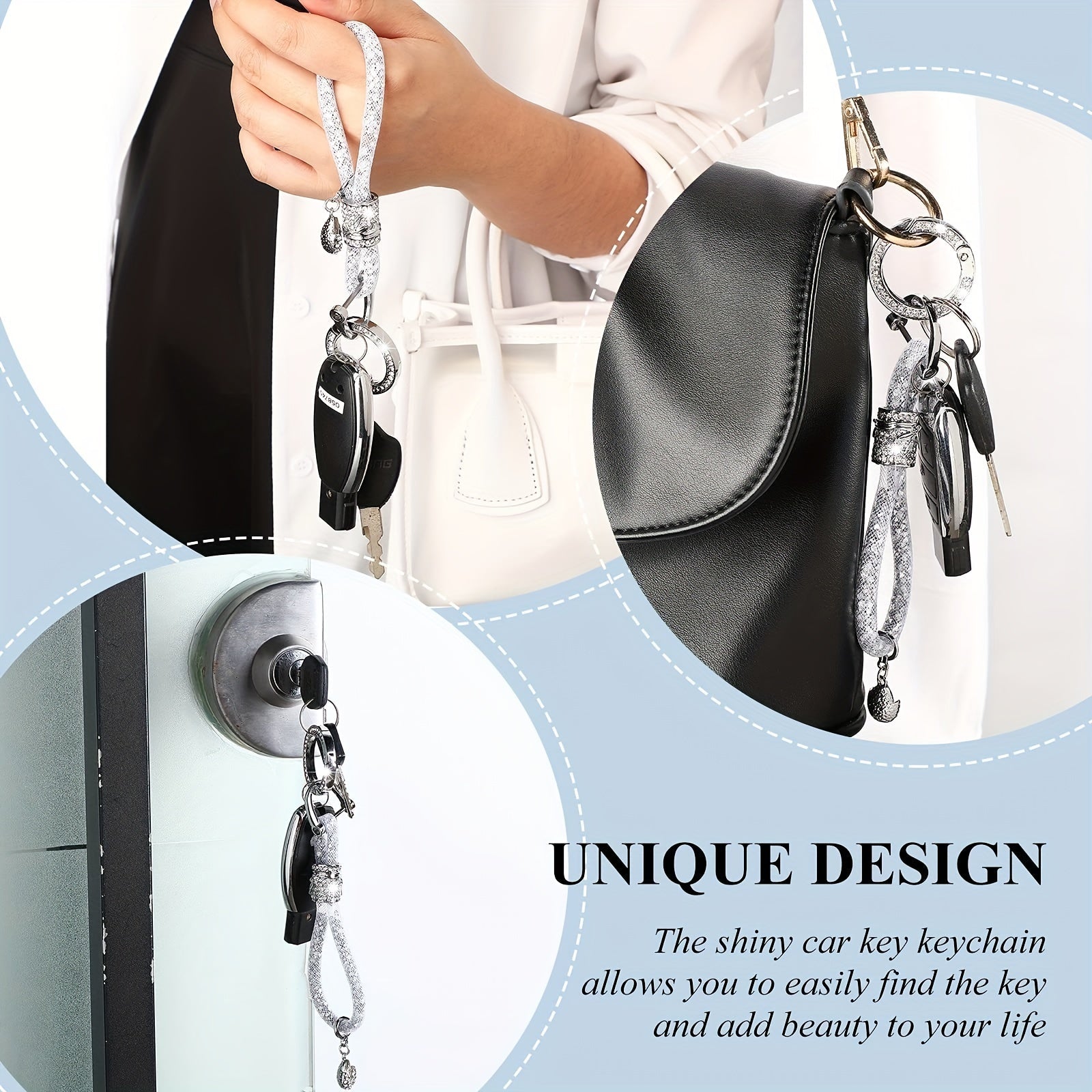 Crystal Bling Car Keychain for Women, Rhinestone Ring and Strap Accessory