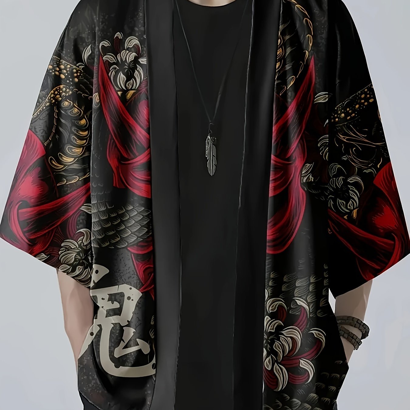 Men's Japanese Kimono Shirt Summer Streetwear Ghost Snake Pattern Three-Quarter Sleeves Open Placket