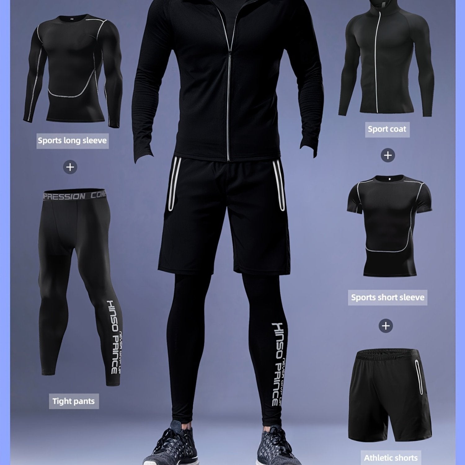 Men's Athletic Set 5-Piece Breathable Quick-Dry Polyester for Gym Running Training
