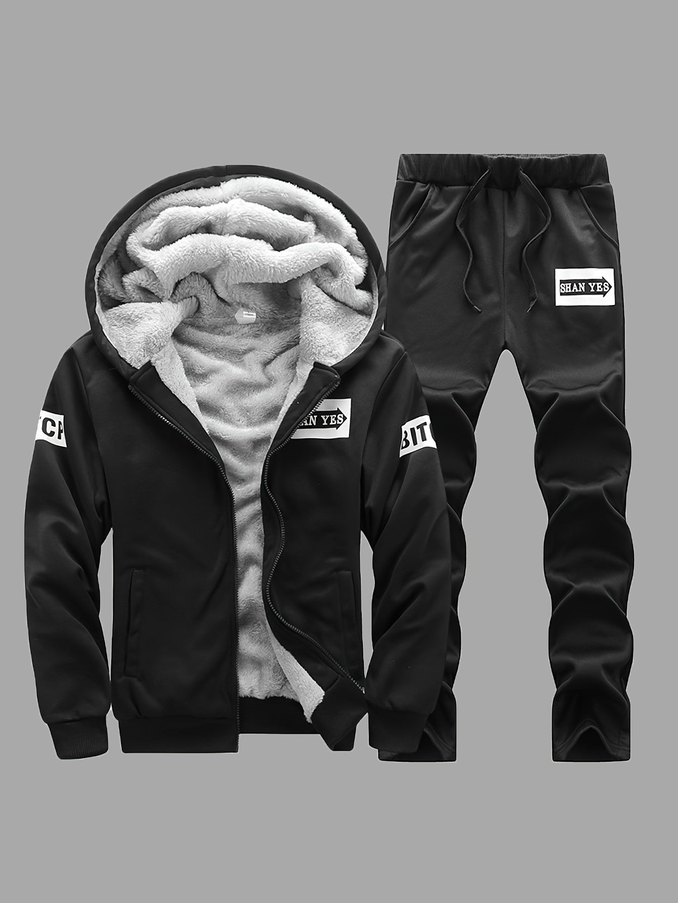 Men's Winter Fleece-Lined Hooded Jacket and Joggers Set Polyester Casual Warm Athletic