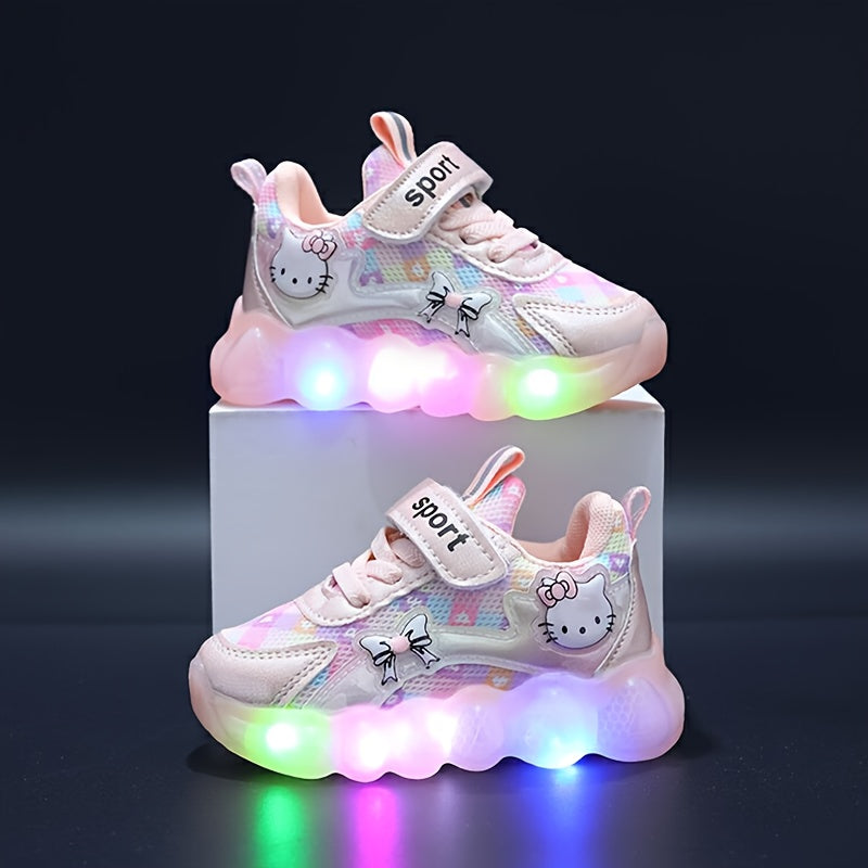 Girls LED Light-Up Sneakers with Colorful Cartoon Prints and Hook-and-Loop Fastener