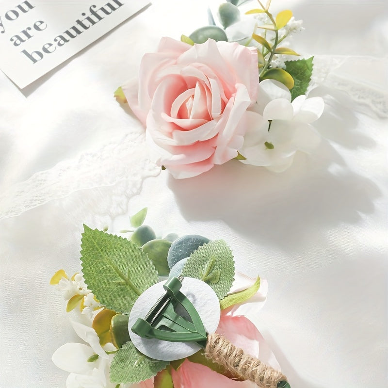 Set of 2 Bohemian Rose Flower Corsages and Wristlets for Weddings