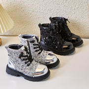 Girls Glitter Ankle Boots Fall Winter Zipper Low Top PU Rubber Sole