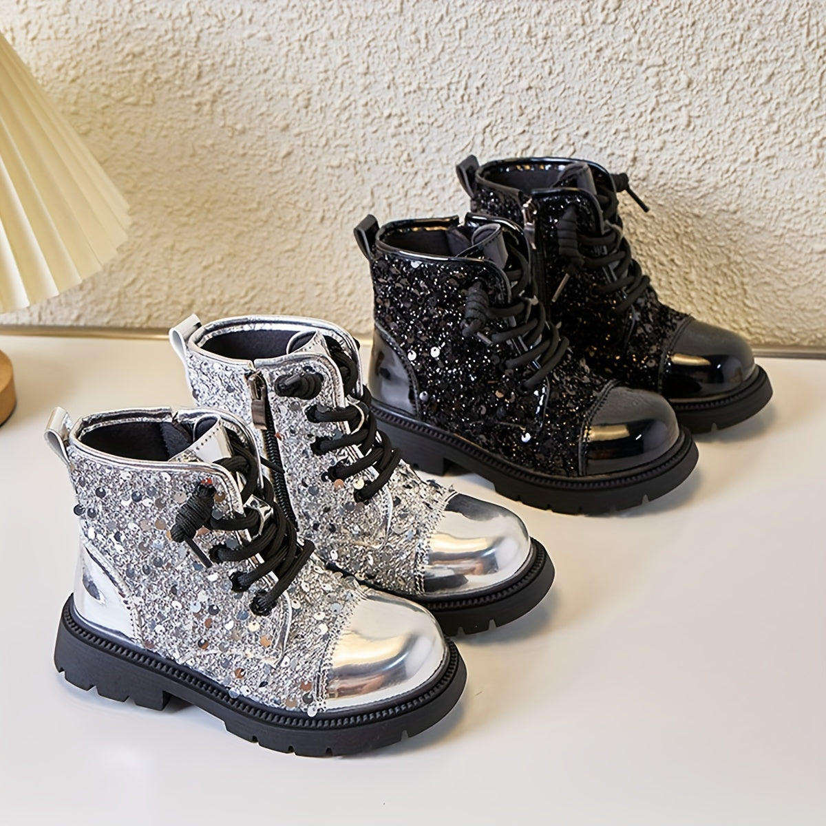 Girls Glitter Ankle Boots Fall Winter Zipper Low Top PU Rubber Sole