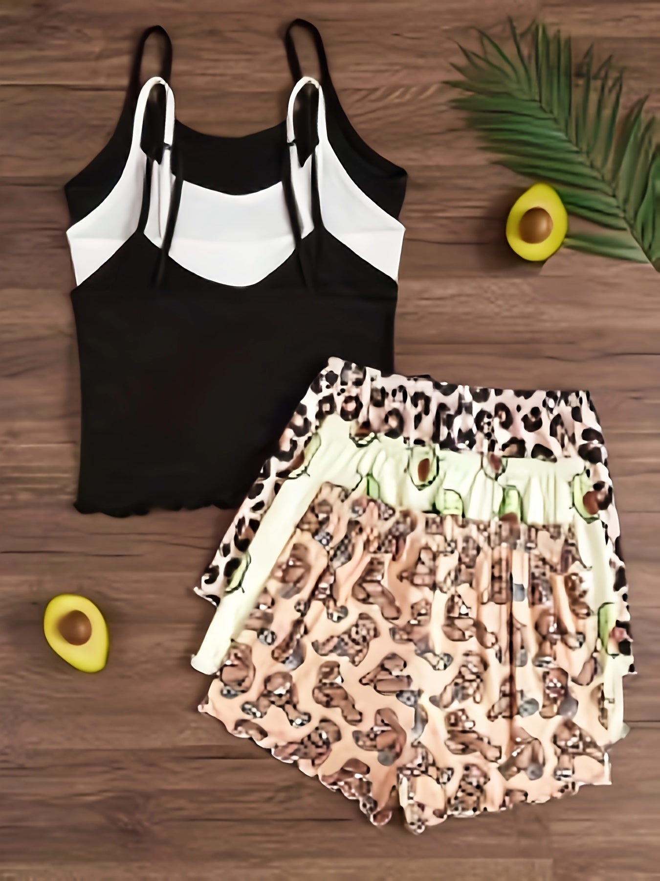 Women's Bear Print Pajama Set with Cami Top Shorts Bow Detail Polyester Blend