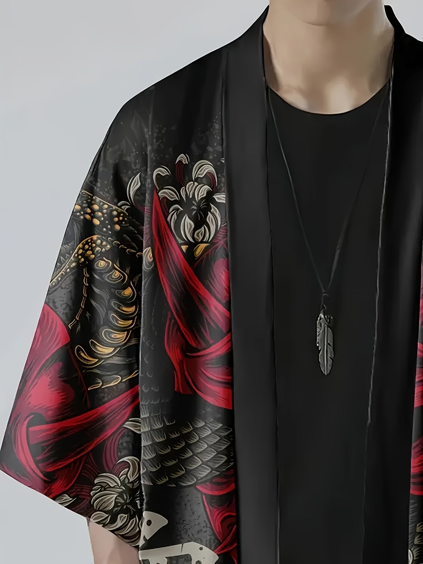 Men's Japanese Kimono Shirt Summer Streetwear Ghost Snake Pattern Three-Quarter Sleeves Open Placket