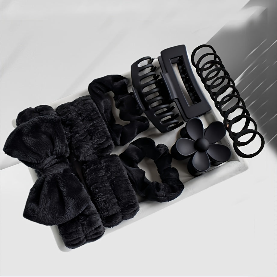 16-Piece Hair Accessory Set for Women and Girls Pink Black Bow Headbands Hair Clips Wristbands for Travel Spa Makeup Gifting