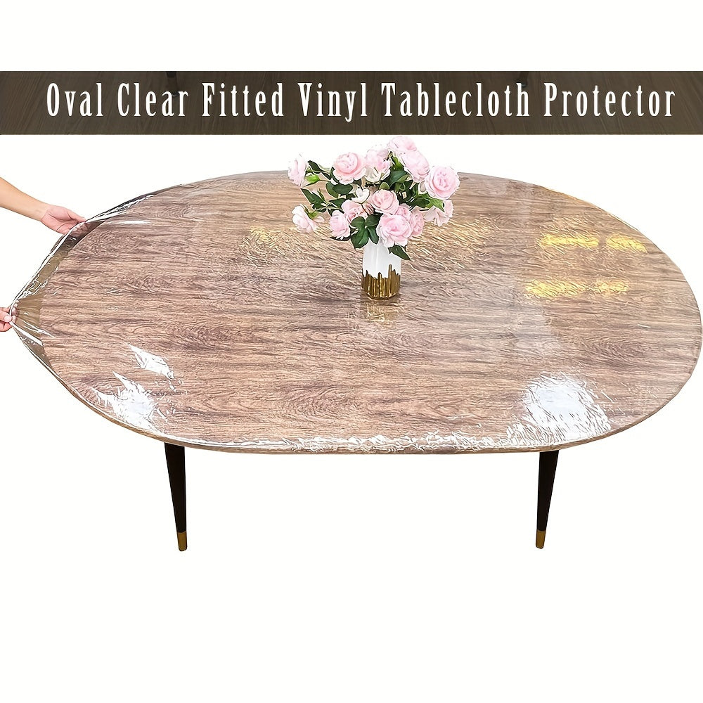 Clear Oval Vinyl Tablecloth Waterproof Oil-Proof with Elastic Edge for Indoor Outdoor Patio Furniture