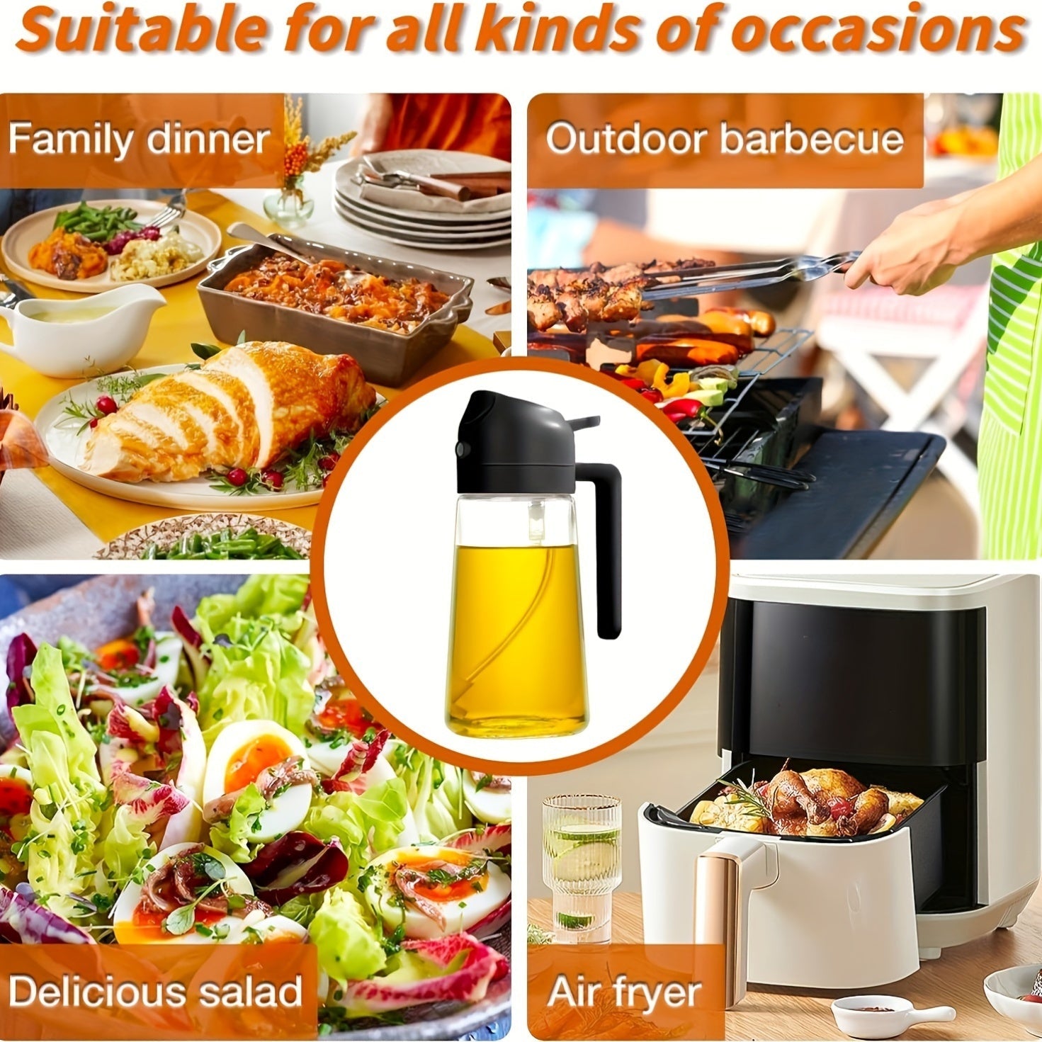 2-in-1 Oil Sprayer and Dispenser 470ML Plastic Kitchen Spray Bottle for Cooking BBQ Baking