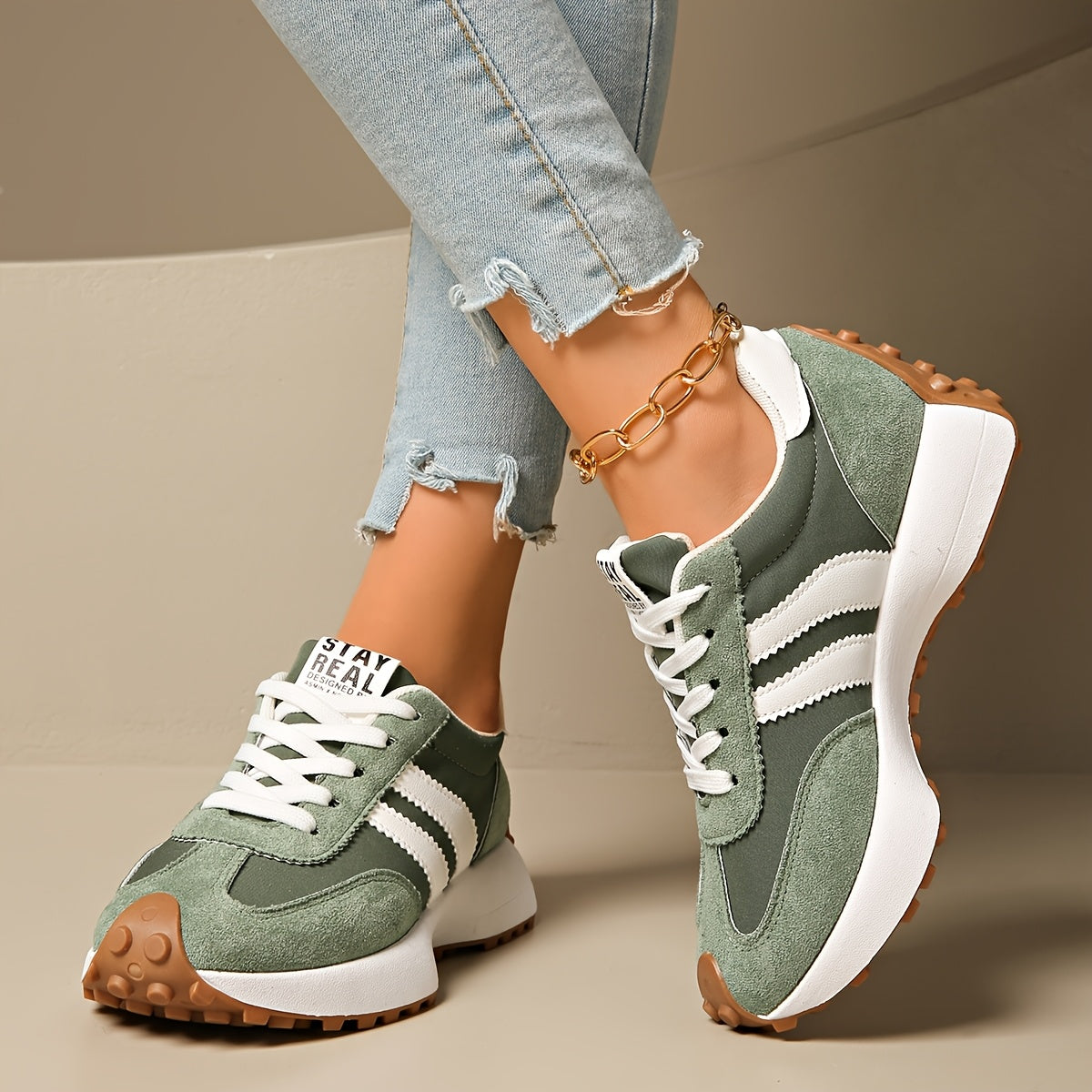 Women’s White Green Casual Sneakers with Rubber Soles and Mesh Panels