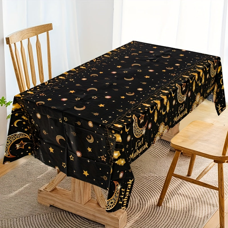 Eid Mubarak Tablecloth Black Gold Moon Star Lantern Design 130x220cm Plastic