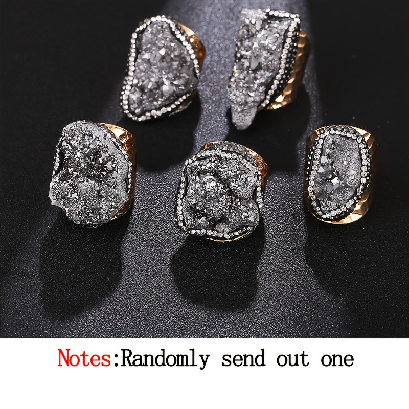 Women’s Irregular Natural Crystal Cluster Cuff Ring Alloy 18K Gold Plated Raw Stone Jewelry