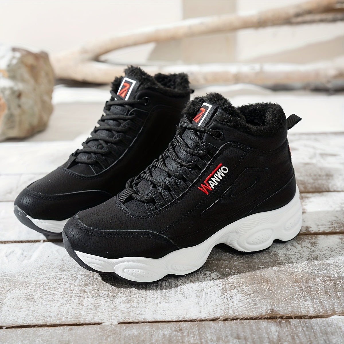 Women's Beige Fleece-Lined Platform Ankle Boots with Lace-Up Closure