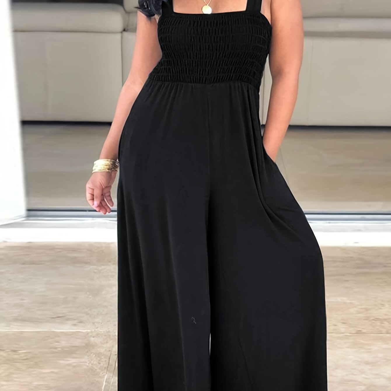 Plus Size Women's Off-Shoulder Sleeveless Jumpsuit Lightweight Stretchy H-Line with Pockets