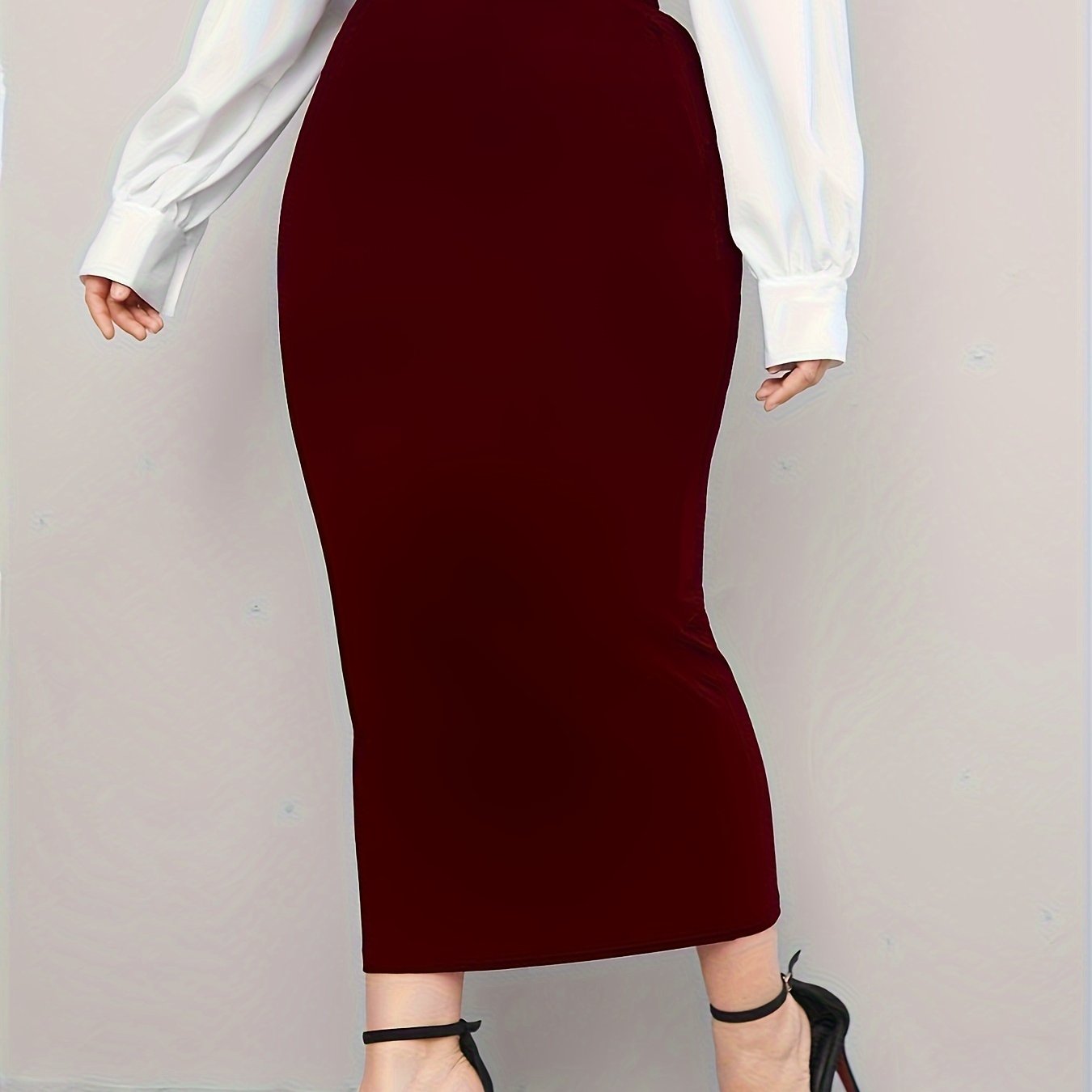 Plus Size Midi Pencil Skirt Polyester Knit Solid Color Straight Cut