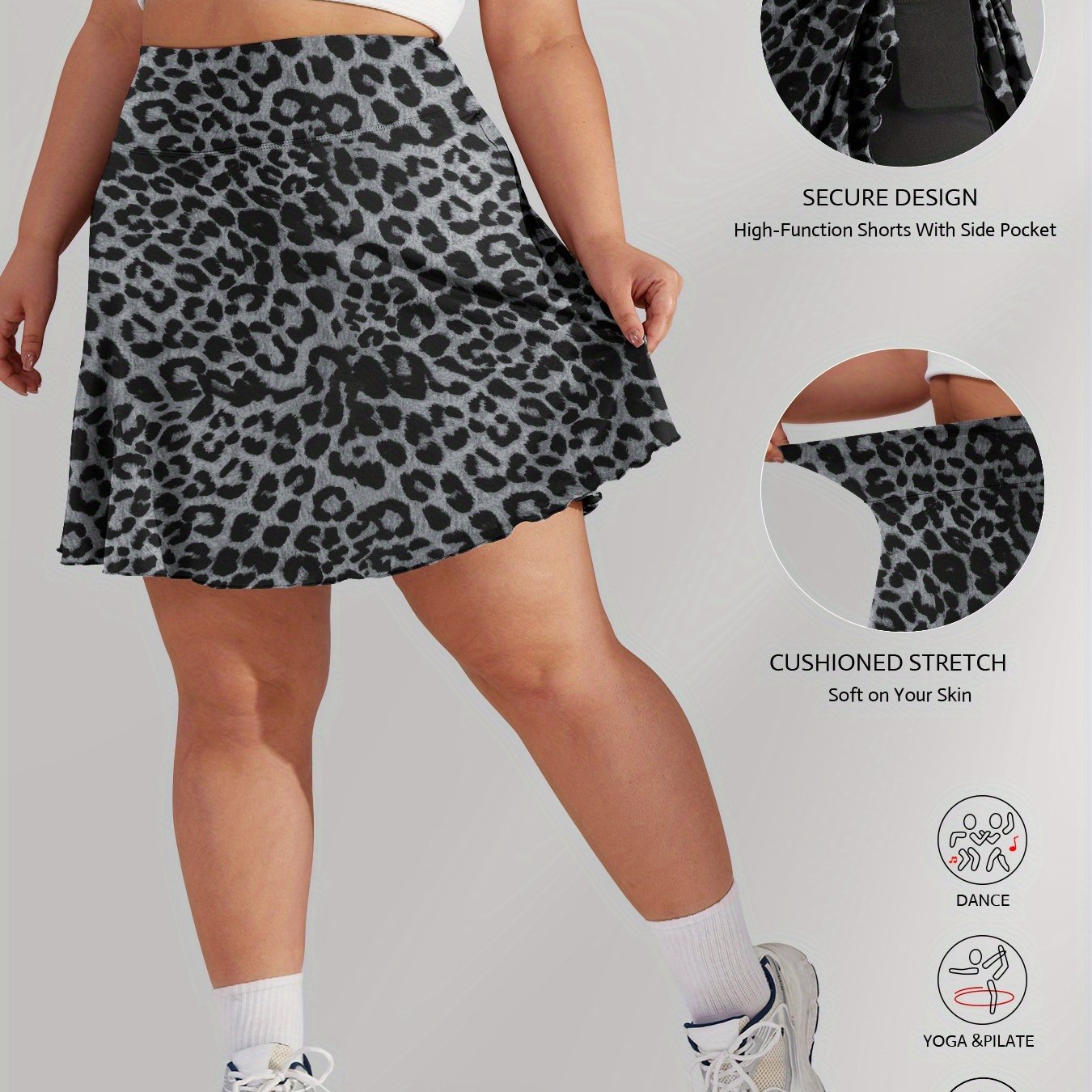 Plus Size High-Waisted Leopard Print Skort Soft Stretch Animal Print Casual Yoga Tennis