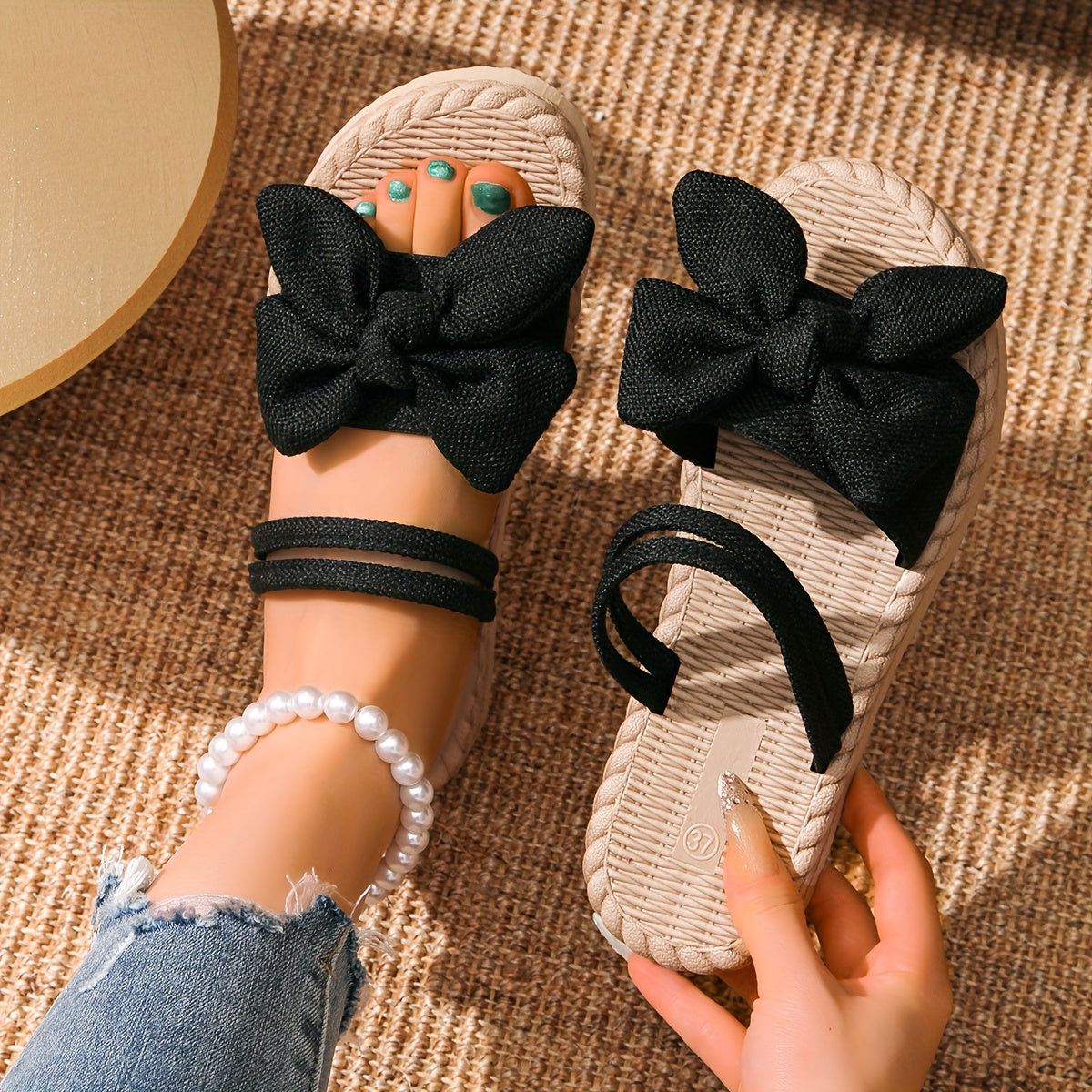 Women's Breathable Fabric Slip-On Open-Toe Sandals with Black Bow