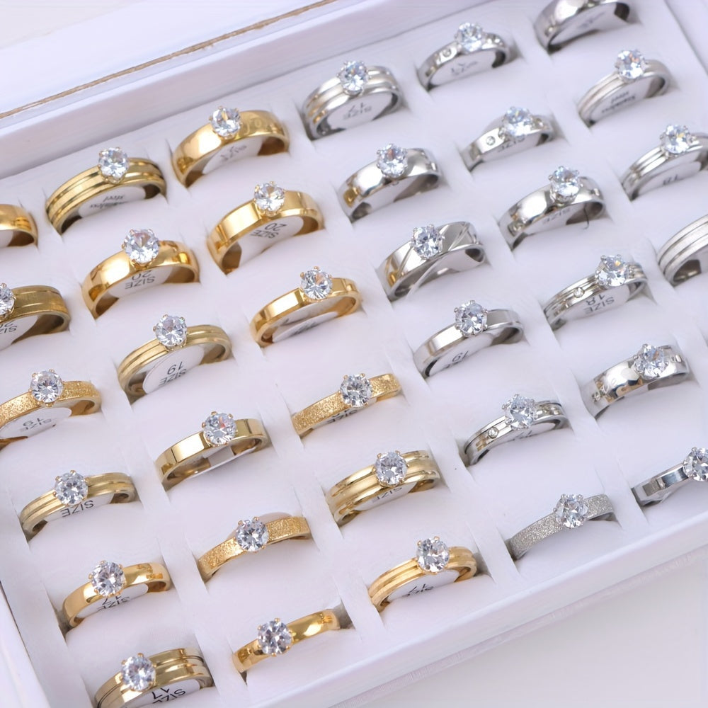 10pcs Women's Rhinestone Stainless Steel Rings Men Wedding Jewelry Accessories