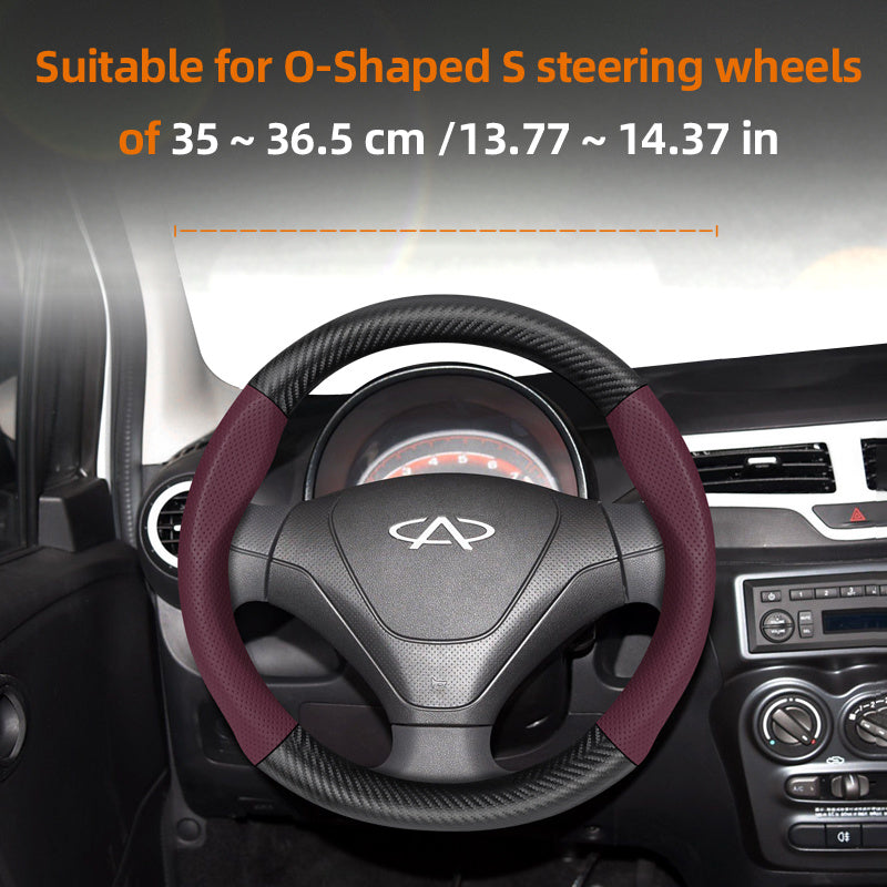 Leather Steering Wheel Cover Carbon Fiber Textured Breathable Black Burgundy Mocha Orange