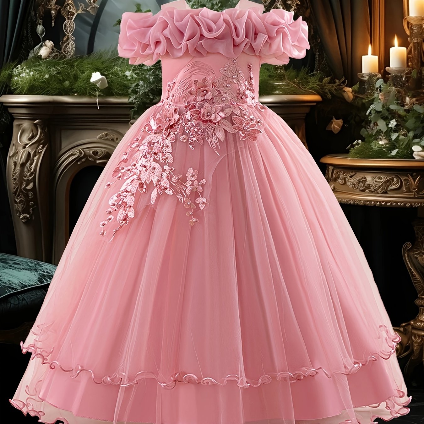 Girls' Long Embroidered Off-Shoulder Princess Dress with Pearl Tassels for Weddings and Parties
