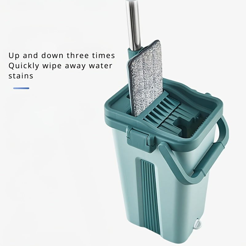 Conjunto de fregona de suelo plano con almohadillas reutilizables, doble función húmeda y seca, cubo con escurrido automático