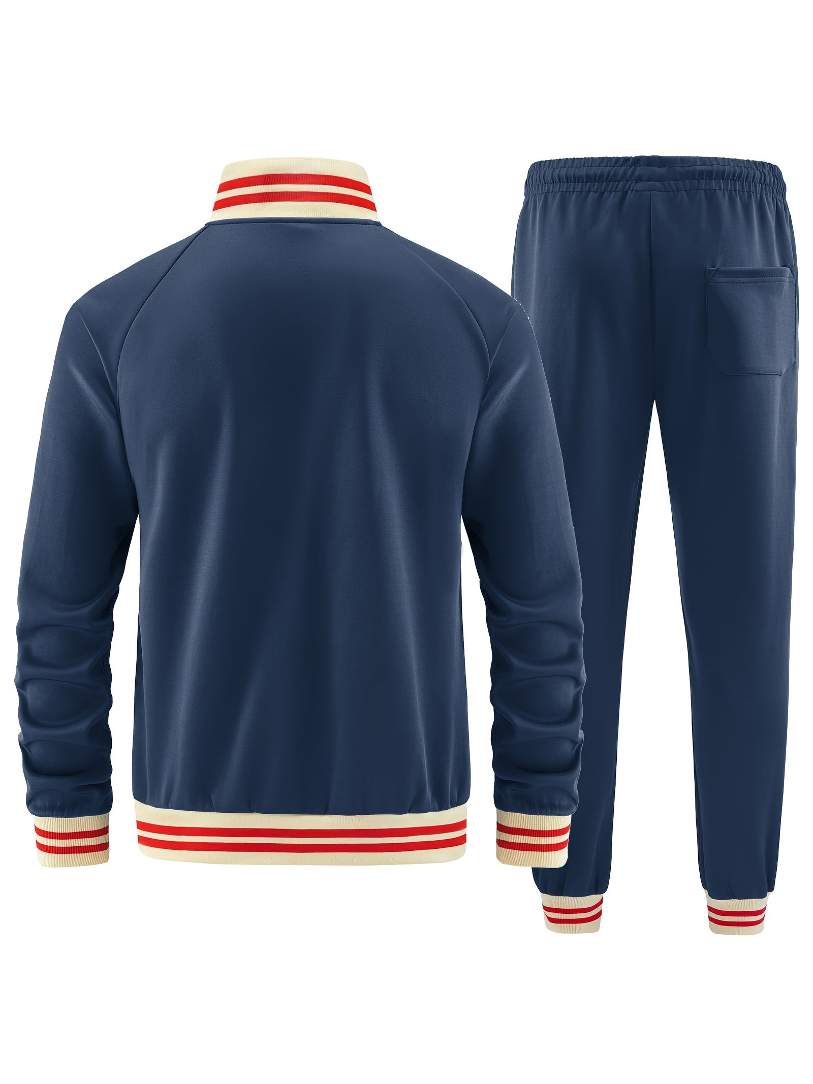 Conjunto de chándal casual para hombre de poliéster, azul marino con rayas beige, para otoño e invierno, actividades al aire libre