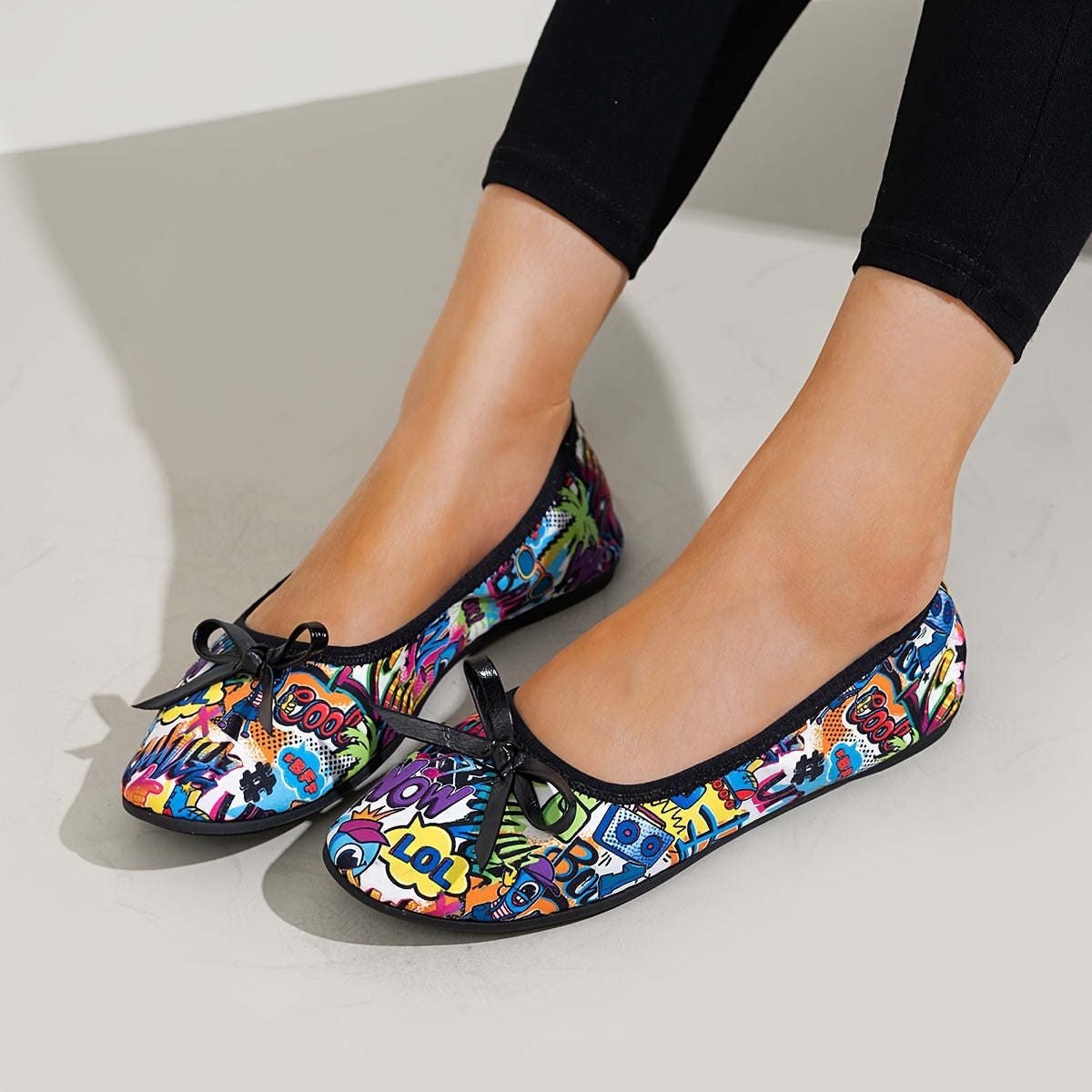 Zapatos planos de lona para mujer con estampado de dibujos animados y detalles de lazo